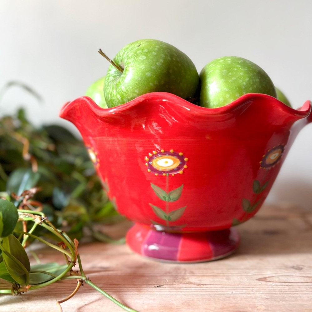 Vintage Vibrant Floral Hand Painted Italian Style Ceramic ‎ Artisan Pottery Bowl